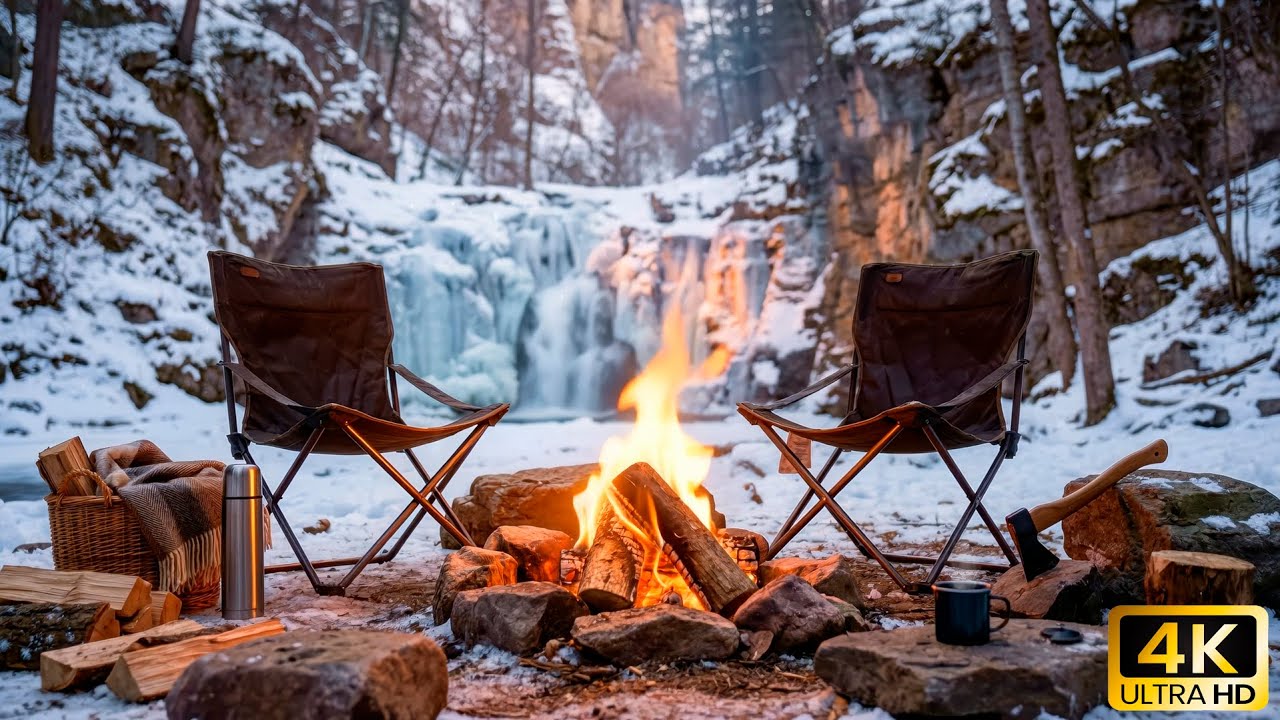 A Cozy Winter Campfire by a Frozen Waterfall ❄️🔥 Nature Sounds