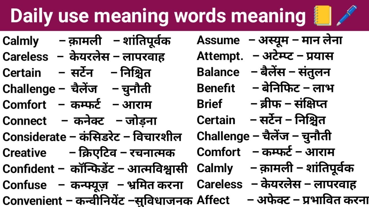 100 Words with Hindi Meanings | Word Meaning | Daily Use English