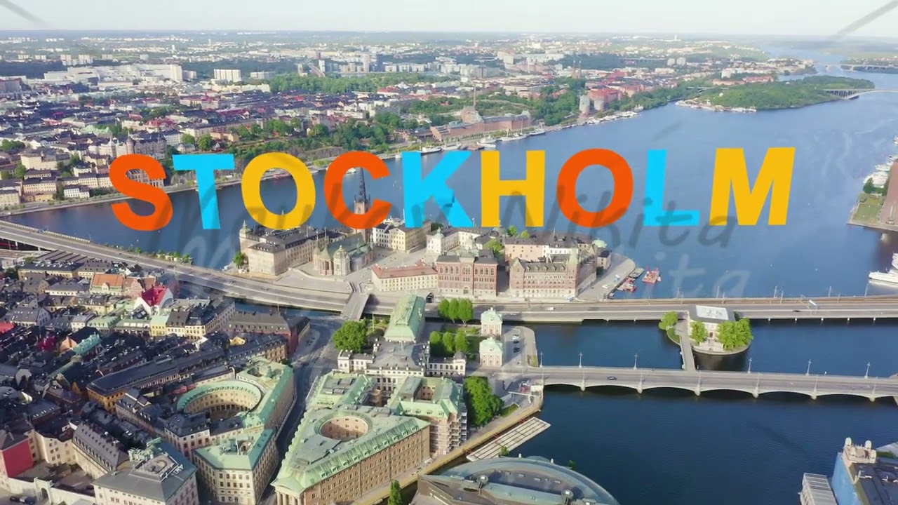 Inscription on video. Stockholm, Sweden. Old Town - Gamla Stan. Riddarholmen. Helgeandsholmen. Aeria