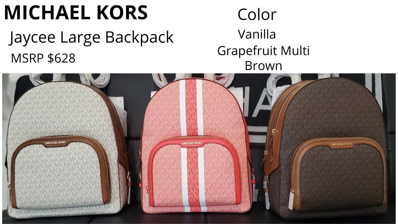 MICHAEL KORS Large Jaycee Backpack in color Grapefruit multi, brown, & Vanilla #unboxing