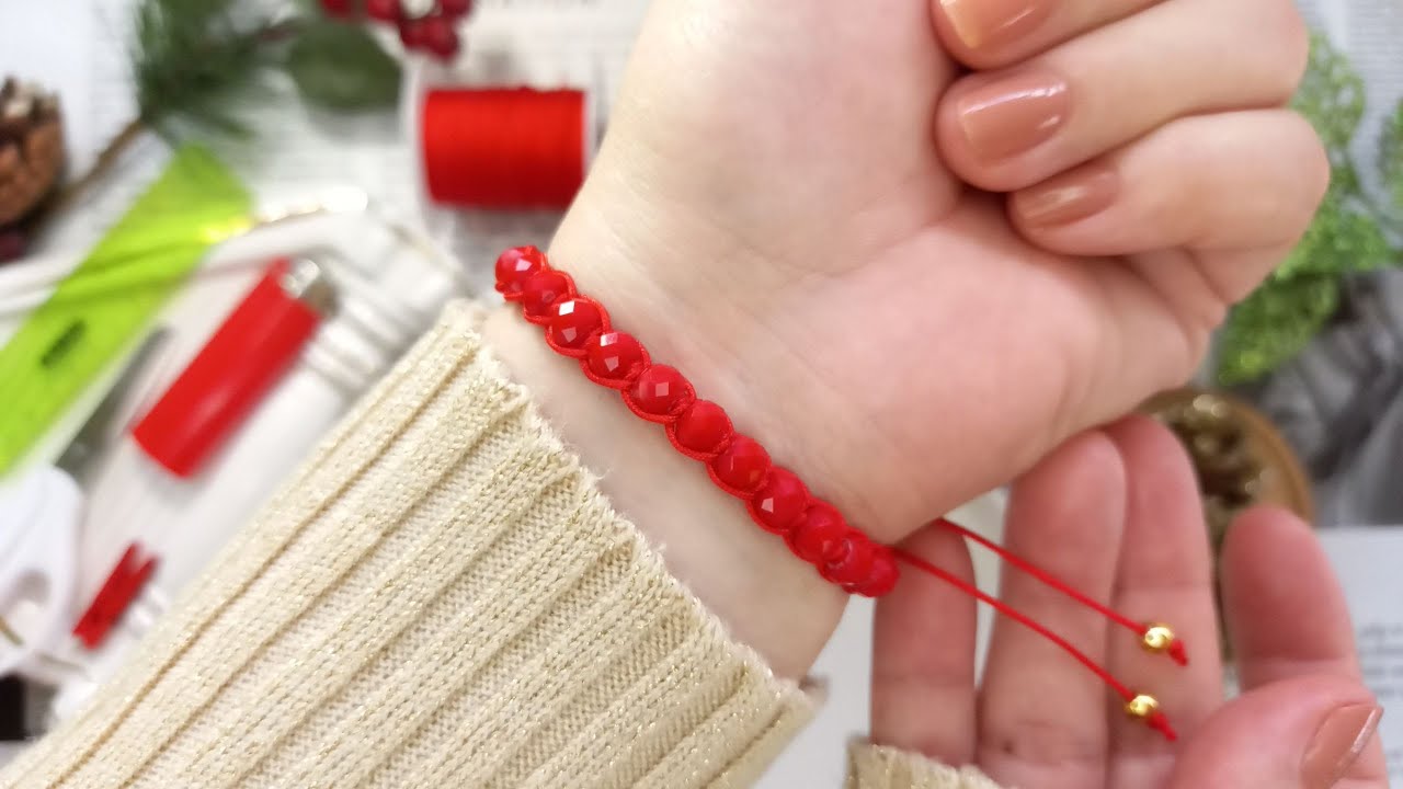Pulsera de hilo rojo con cristales TUTORIAL f&aacute;cil