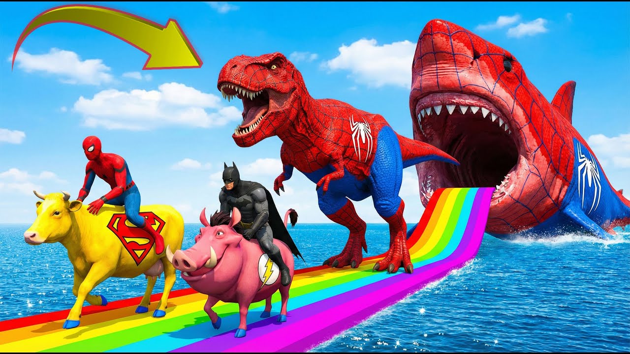 HOMEM-ARANHA T-REX vs Batman, Superman vs Animais! Batalha no Jurassic World (Spider-Man Dinosaur)