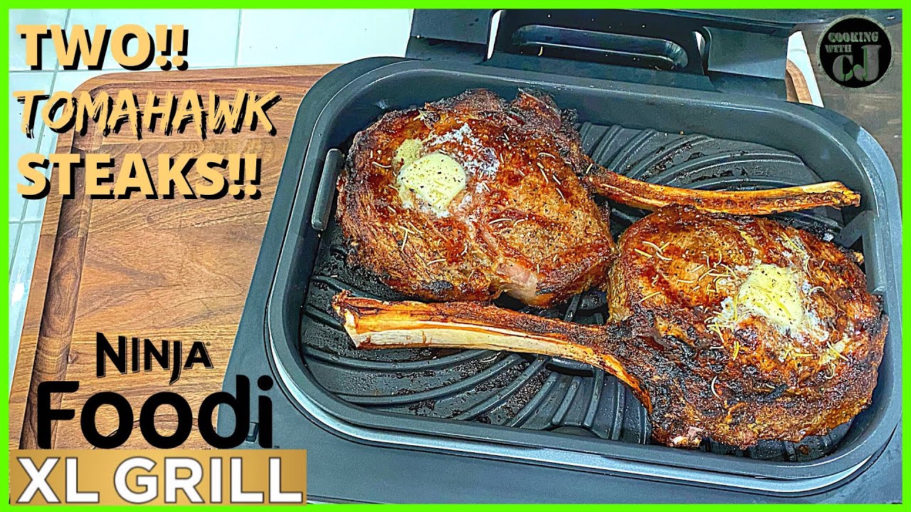 NINJA FOODI XL GRILL TOMAHAWK RIBEYE STEAKS! WE MAX THIS GRILL OUT!! | Ninja Foodi XL Grill Recipes
