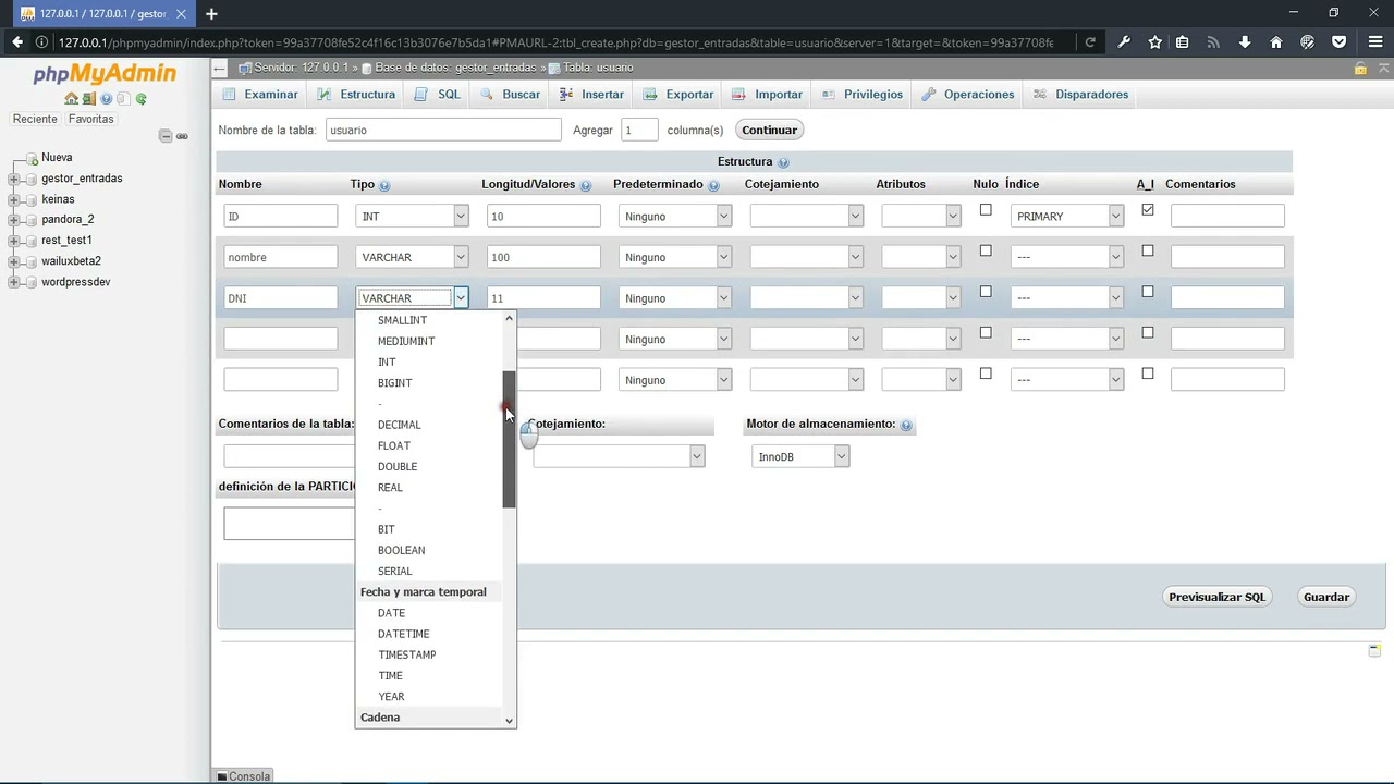 SQL: 18. phpMyAdmin: Crear tablas y tipos de variables (2017)