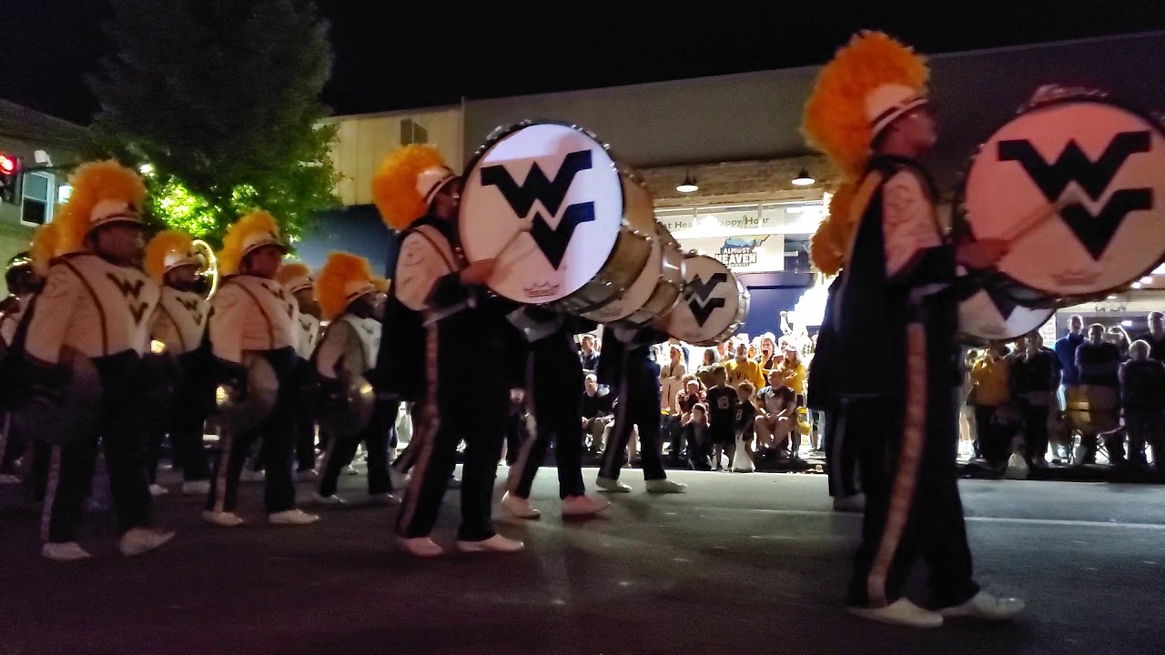 WVU Marching band homecoming parade marching down high street in Morgantown