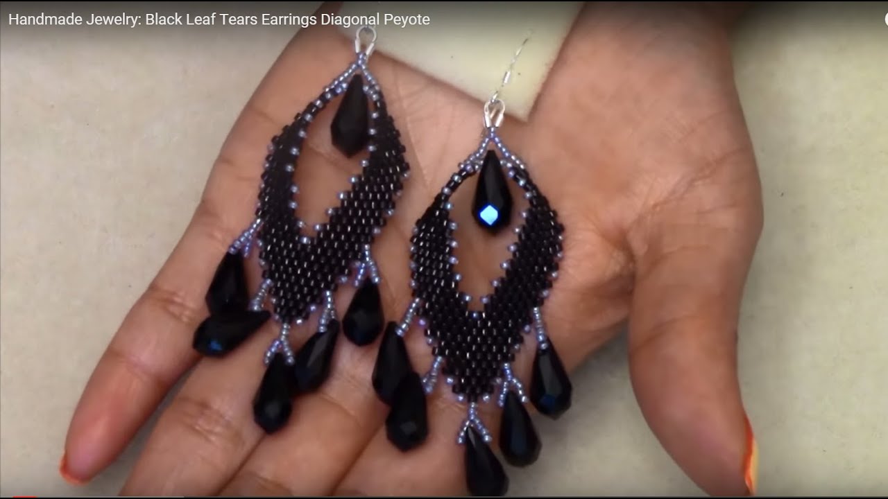 Handmade Jewelry, Black Leaf Tears Earrings Diagonal Peyote