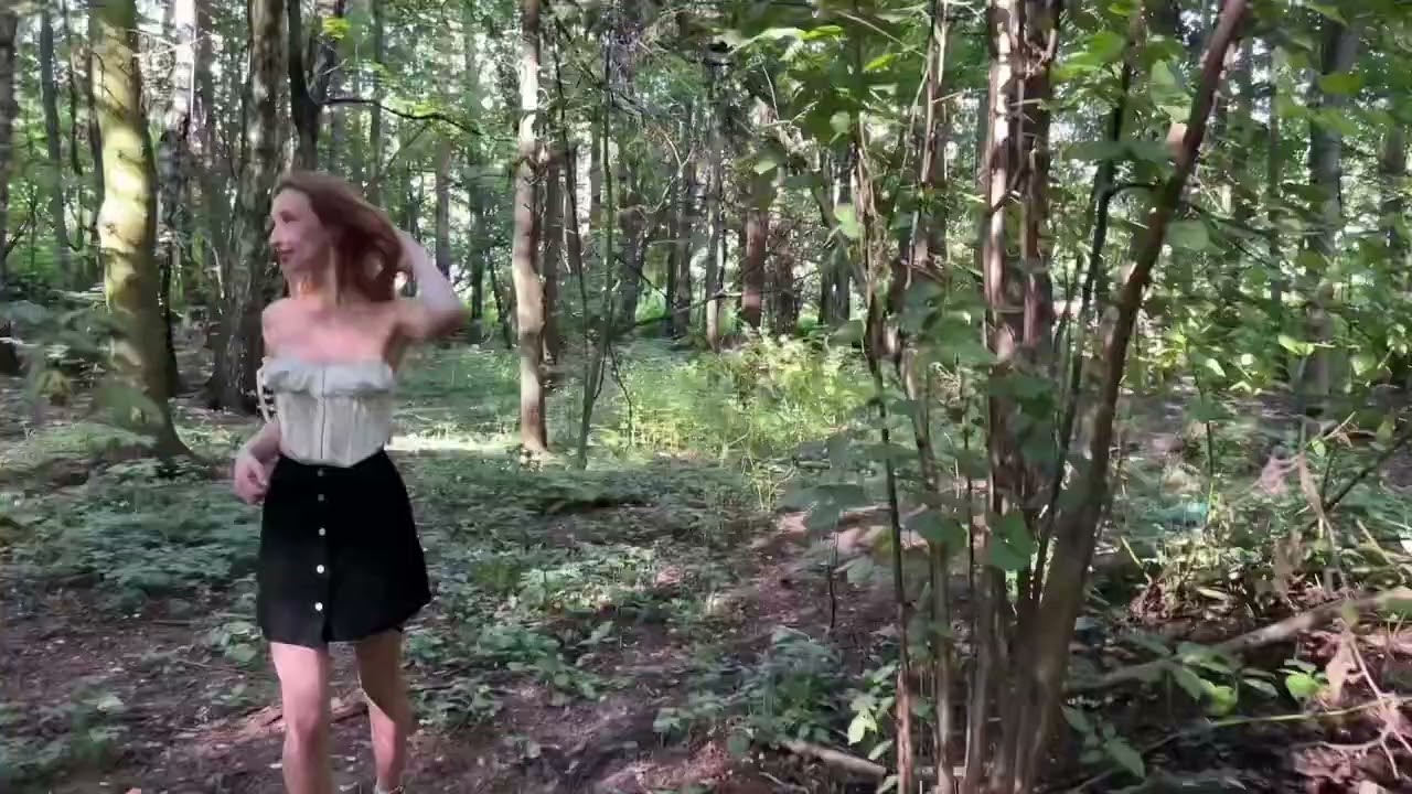 Relaxing walking in forest on high heels, miniskirt, high heeled shoes, bare back, walk in shoes