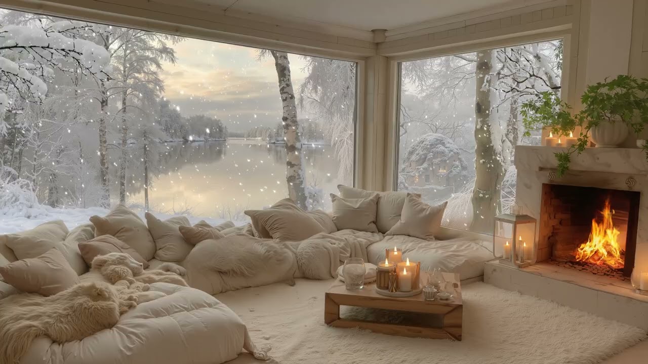 Warm Winter Cabin by the Lake ❄️ Soft Piano Music & Crackling Fireplace Sounds for Sleep & Focus
