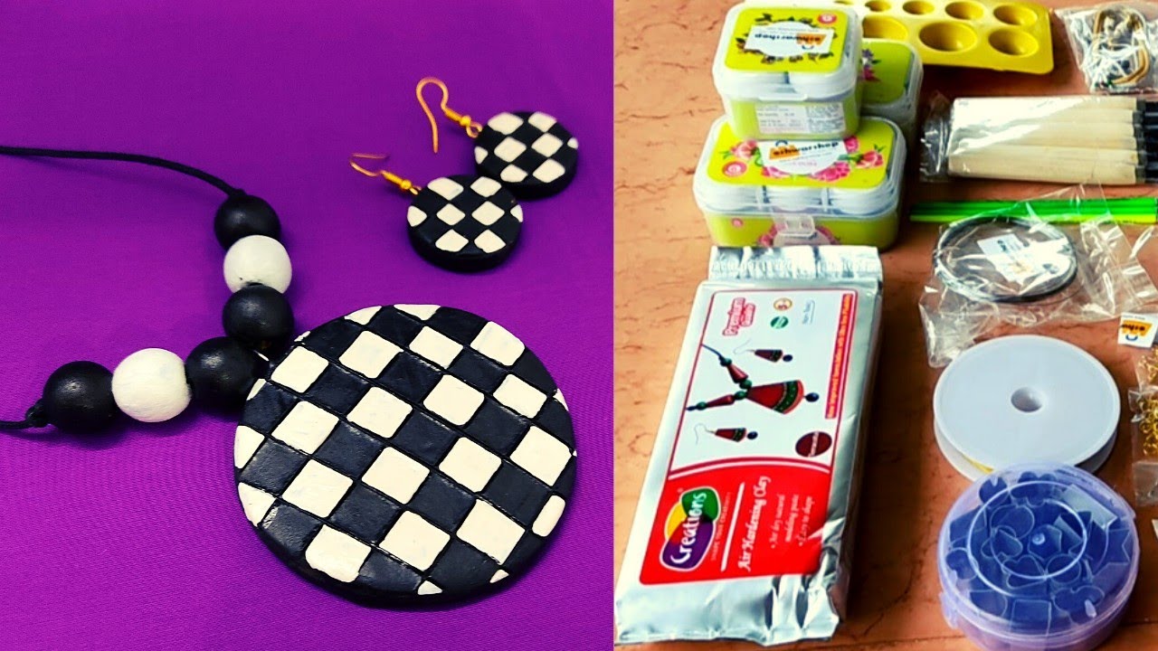 Air Dry Clay Terracotta Jewellery Making Kit for Beginners | Black and White Checks Pendent Set