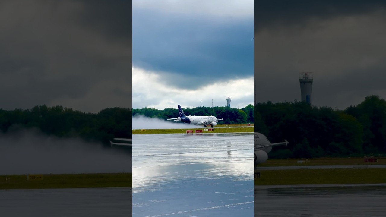 Lufthansa takeoff in wet conditions &ndash; amazing water spray!