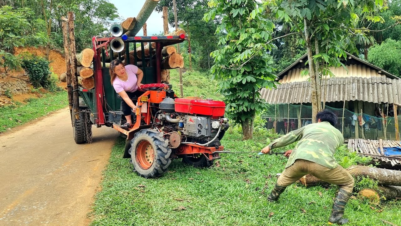 Agricultural vehicle carrying wood, the girl's talent in loading wood onto the vehicle