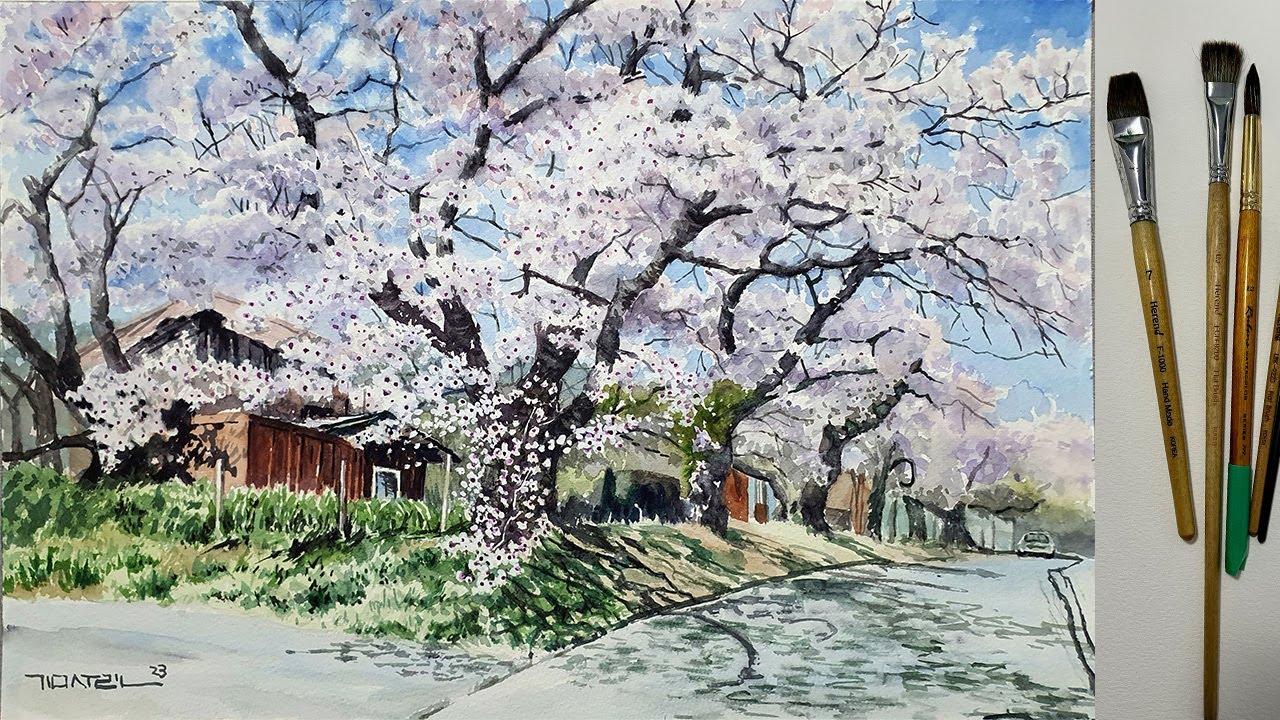Watercolor Cherry Blossom Tree Landscape Painting