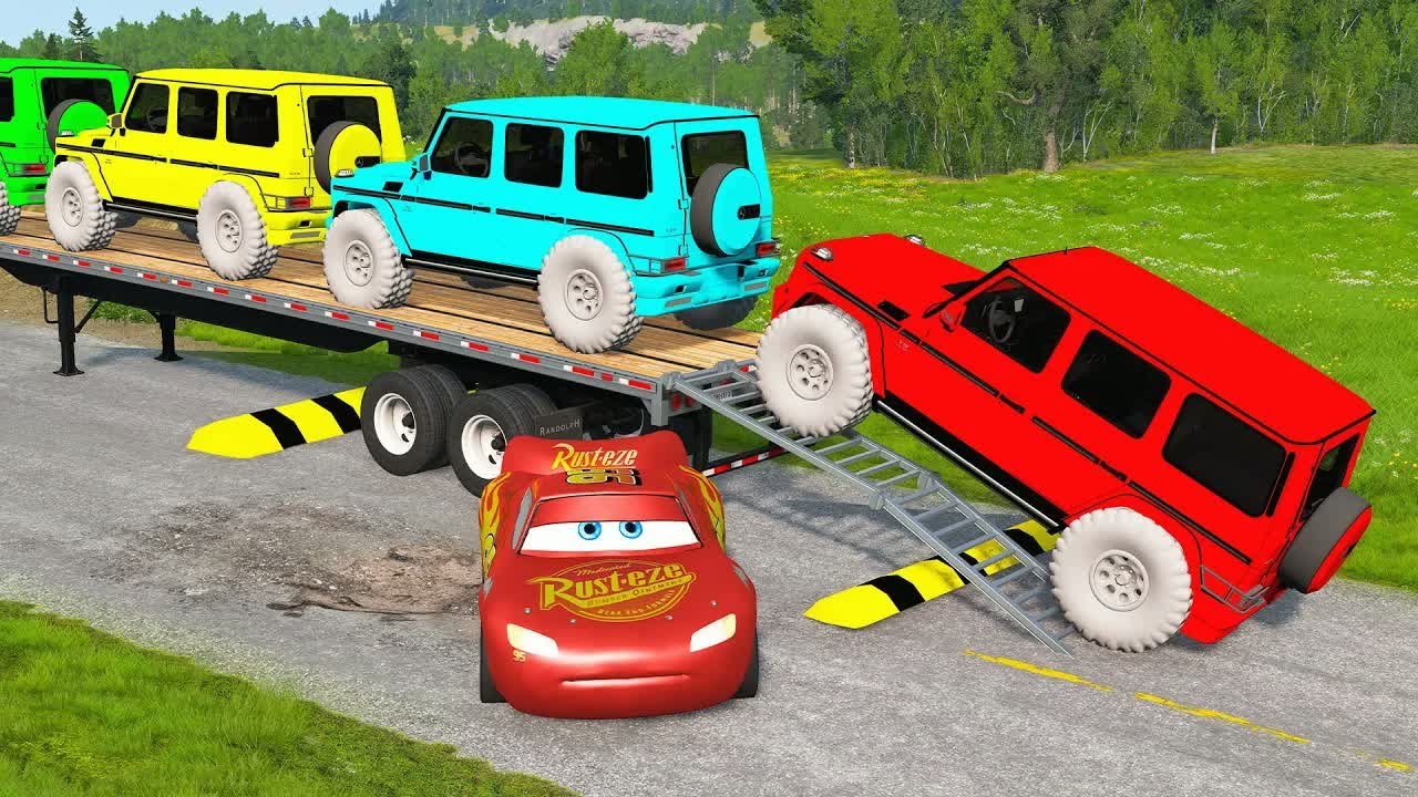 Flatbed Truck Mcqueen | Transportation with Truck - Pothole vs Car #110 - BeamNG.Drive