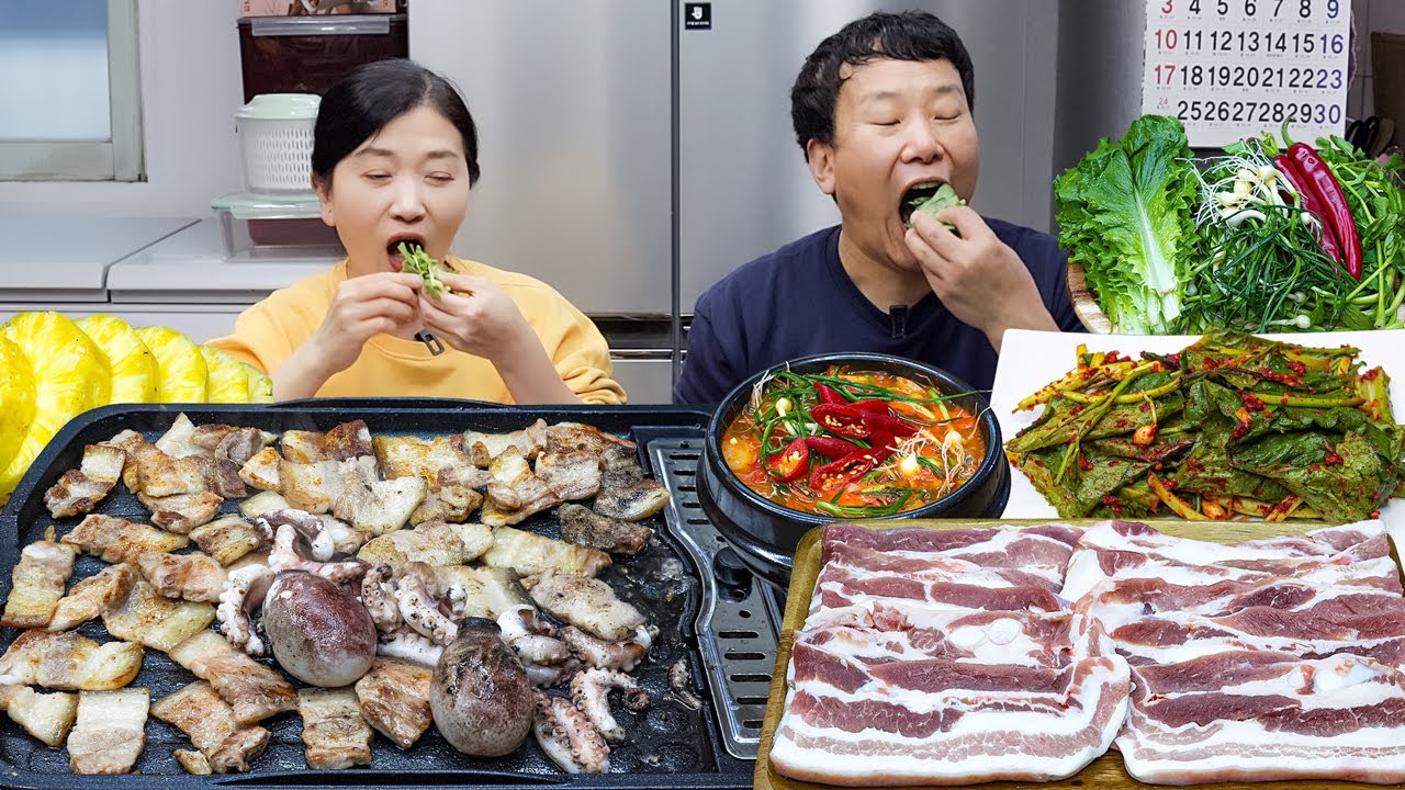 쭈꾸미 삼겹살 구이 상추겉절이 달래 된장찌개 그리고 정말 맛있던 삼겹살 쭈꾸미 볶음밥(ft.파인애플구이) 먹방