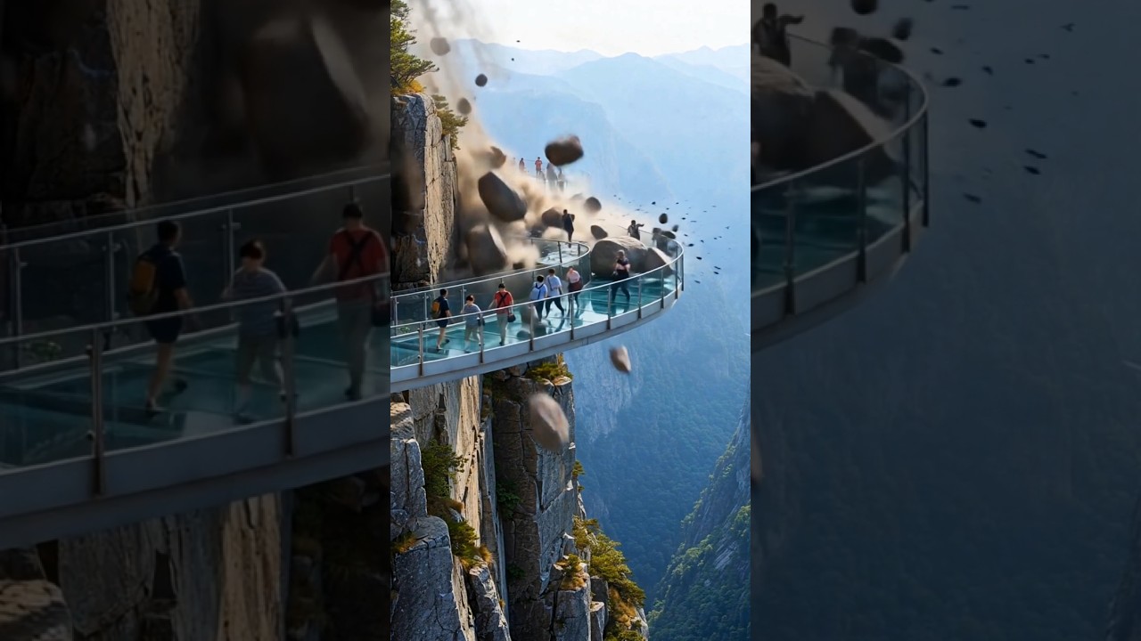 Massive Rockfall Obliterates Scenic Glass Bridge on Cliffside! #landslide #rockfall