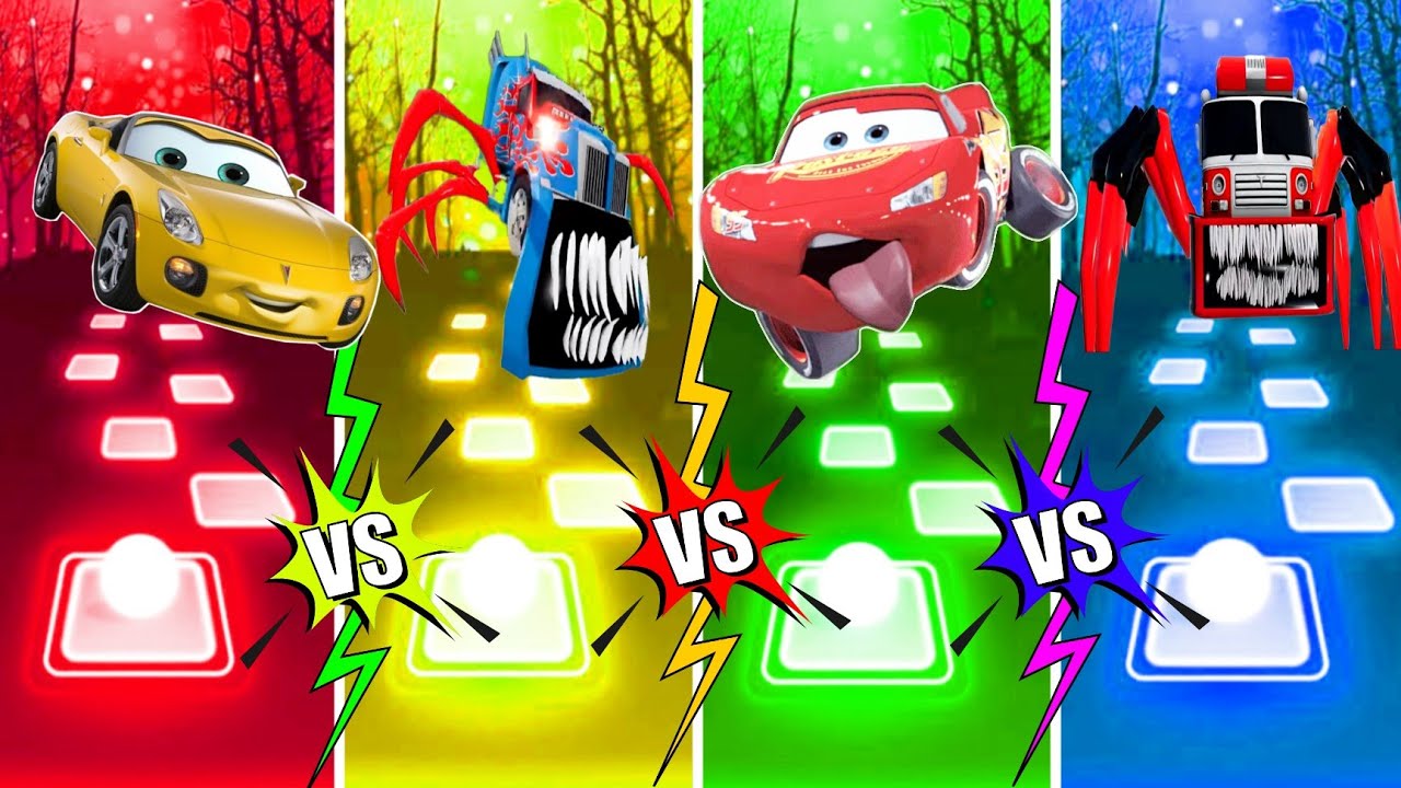 👀Jeff Corvette 🆚️Mater Truck Eater 🆚️Lightning McQueen 🆚️Fire Truck Eater 🎶Tiles Hop EDM RUSH
