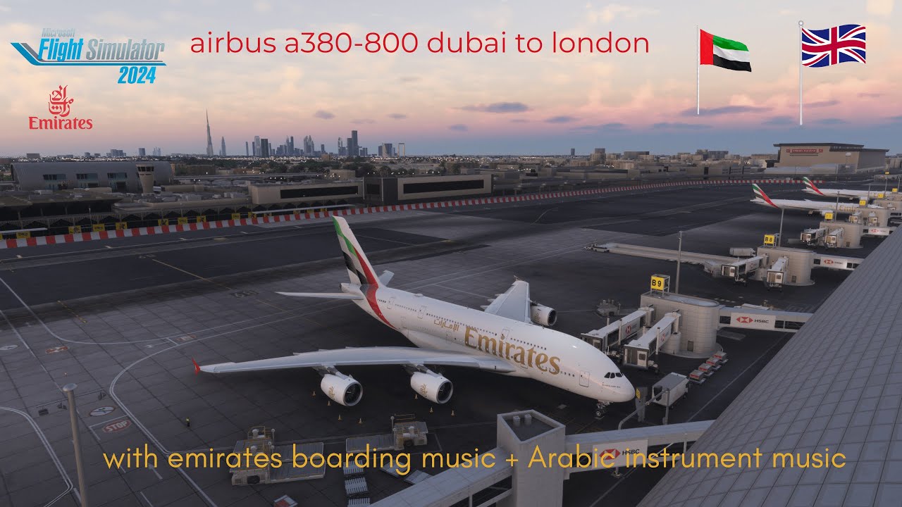 Arabic instrumental, emirates boarding music and crew announcement on airbus a380 Dubai to London