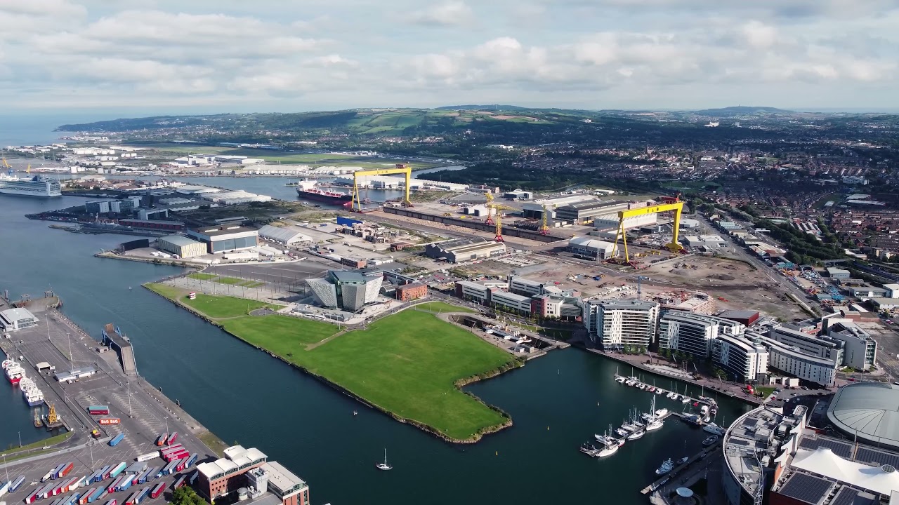 Aerial video of Titanic Centre Titanic Quarter Belfast Northern Ireland 1 4K