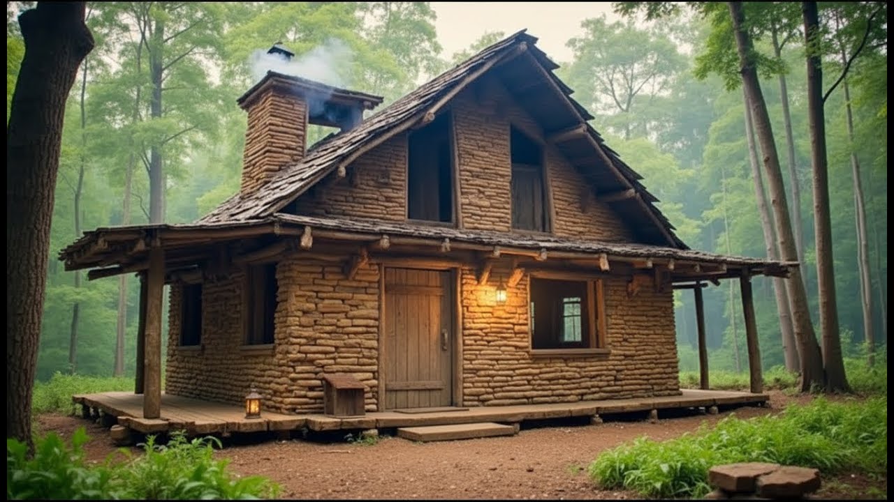 Building a Forest Survival House with a Wooden Roof and a Gently Smoking Chimney