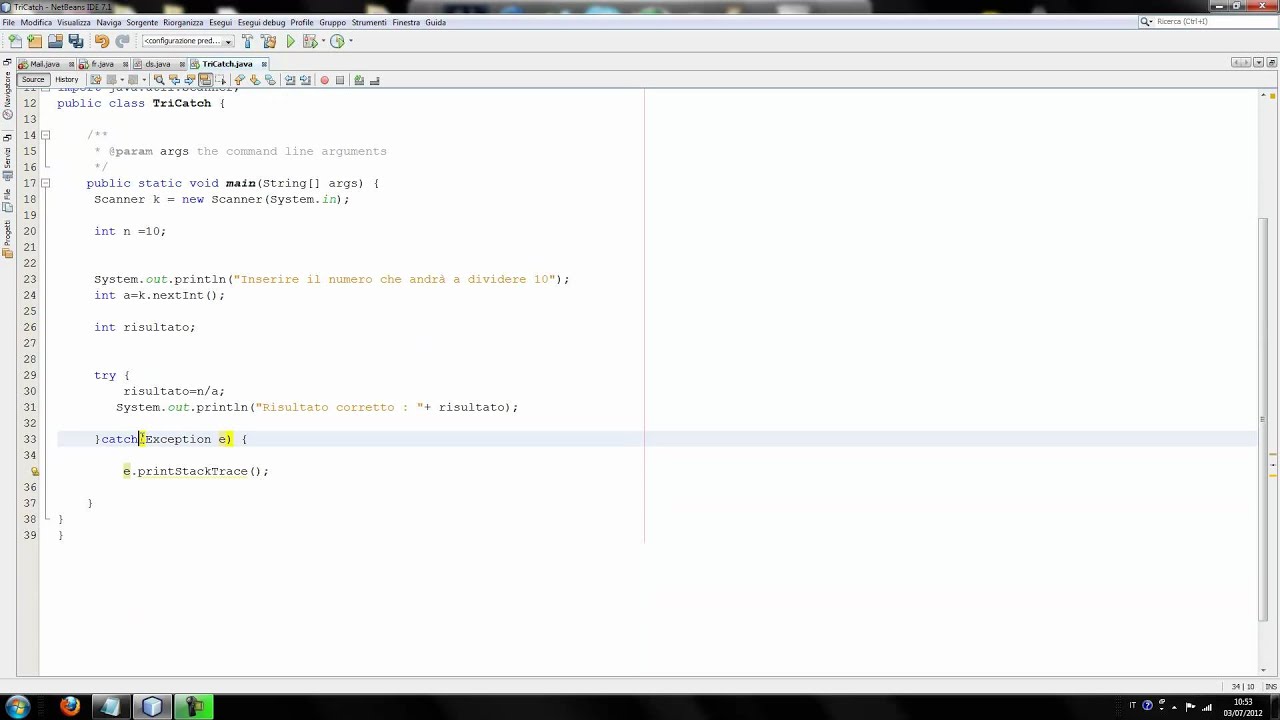 Tutorial java ita lezione 41 - Try e Catch