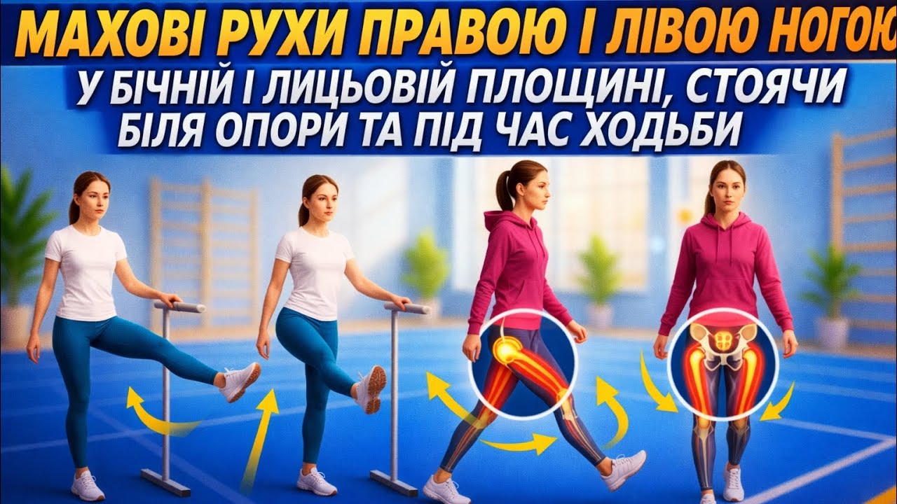 Махові рухи правою і лівою ногою у бічній і лицьовій площині, стоячи біля опори та під час ходьби