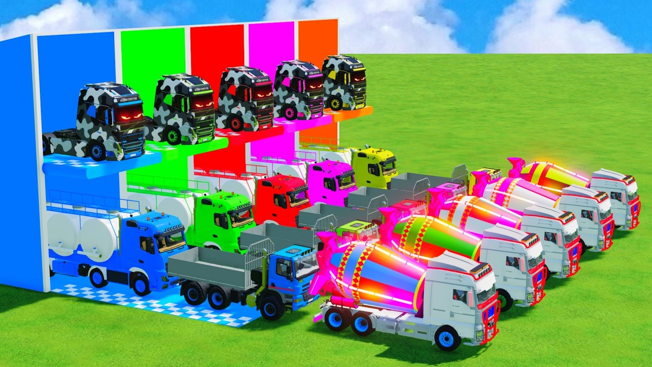 Garage with Colors - ALL MIXER TRUCK WITH DOUBLE FLATBED TRAILER TRUCK, MERCEDES, VOLVO, MAN - FS22