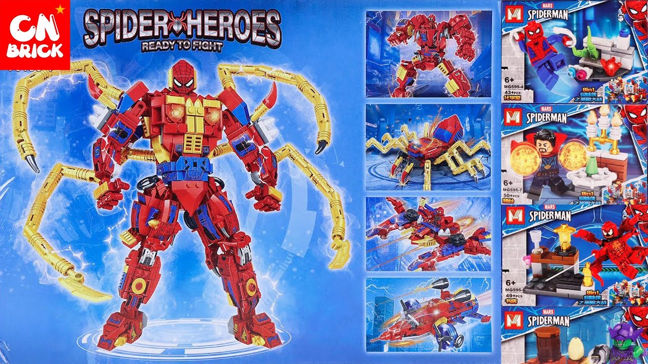 Unoffical Lego Collection 2022 Spiderman Mech &  Minifigure sets 8 in 1  Unofficial Lego Speed Build