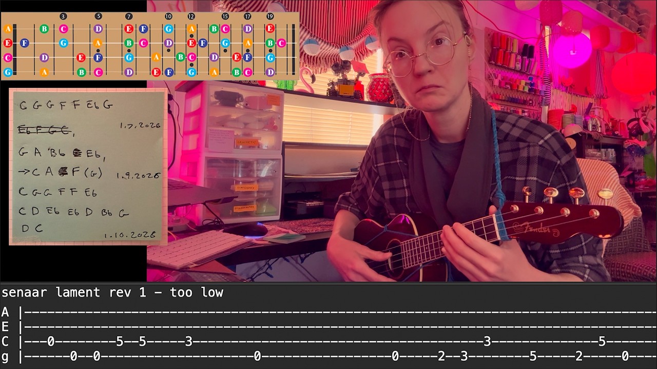 tabbing the melody from Chants of Senaar on ukulele