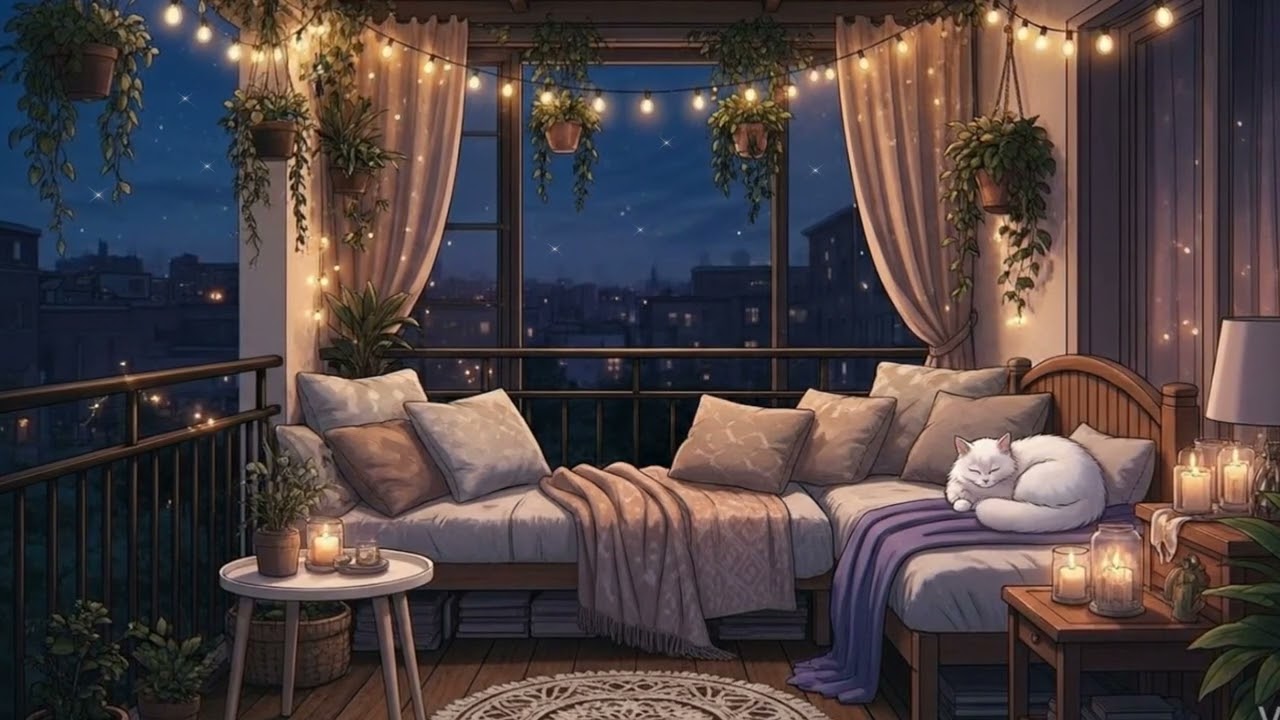 Cozy Balcony Night with Cat | Relaxing LoFi & Soft Candlelight Ambience