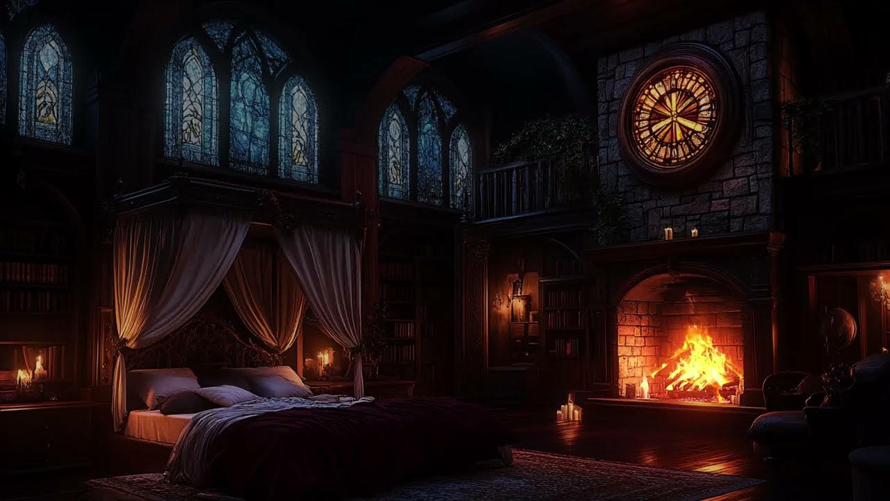 🏰🌧️ Relaxing Rain Sounds in a Cozy Castle Bedroom | Rain on Tall Windows & Fireplace | Deep Sleep