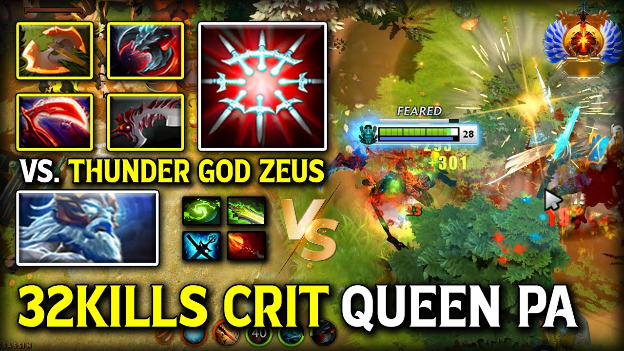 32KILLS CRITICAL QUEEN CARRY Phantom Assassin With Desolator Item Vs. Thunder GOD Zeus 7.40b Dota 2