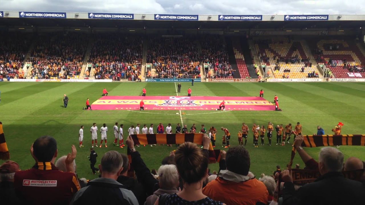 Bradford City and Barnsley walk out to You'll Never Walk Alone