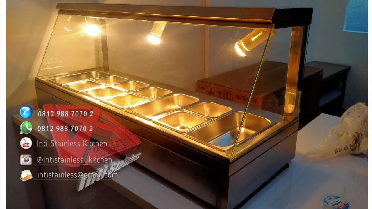 Etalase makanan dengan pemanas lampu atau Bain Marie Stainless