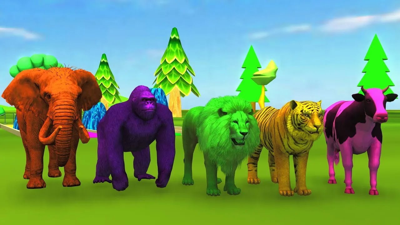 Long Slide Game With Elephant Gorilla Buffalo Hippopotamus Tiger - 3d Animal Funny Animals Doodle