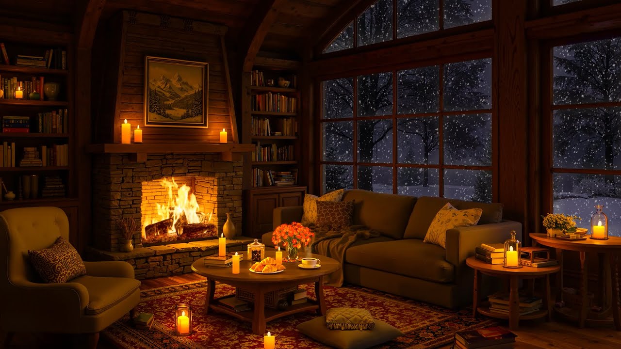 Winter Night in Cozy Cabin Ambience ❄️ Slow Jazz with Fireplace Sounds & Gentle Snowfall for Sleep
