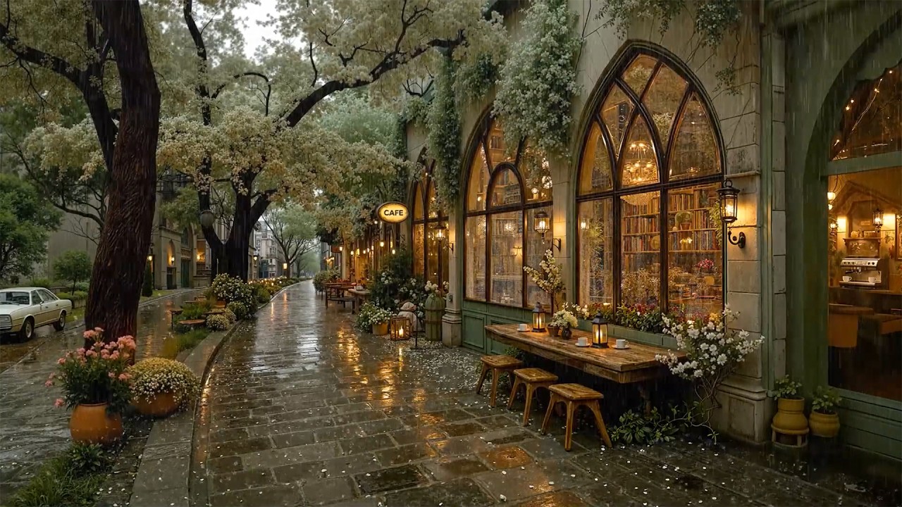 Tranquil Rainy Gothic Bookstore Caf&eacute; Street 🌸 Cozy Jazz & Rain Sounds for Deep Work & Stress Relief☕