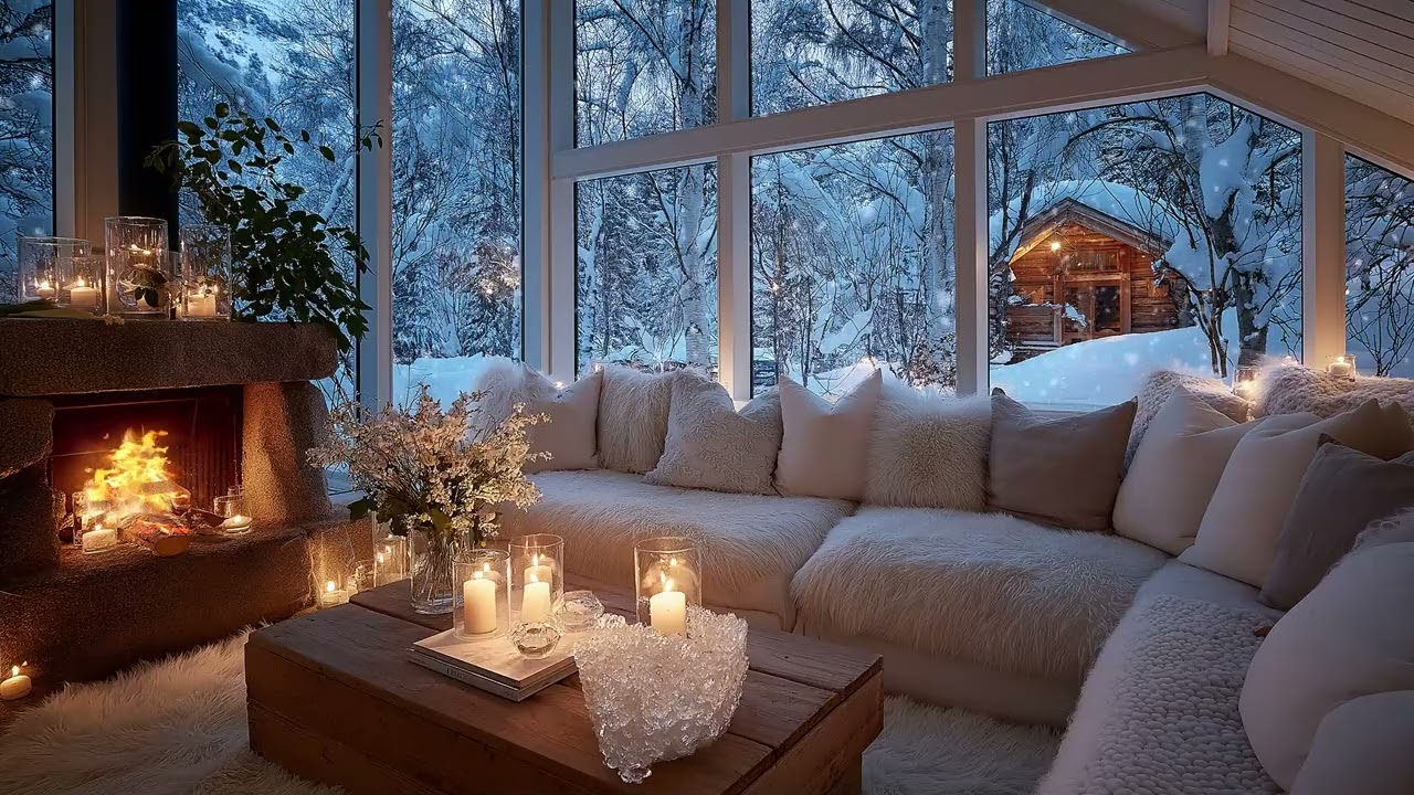 ❄️🛋️ Peaceful Snow Lounge Piano | White Room Candles & Fireplace (5 Hours) | Sleep Focus Study Calm