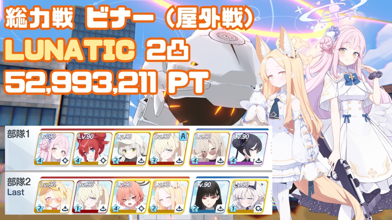 【ブルアカ】総力戦 ビナー LUNATIC 2凸 52,993,211Pt 屋外戦