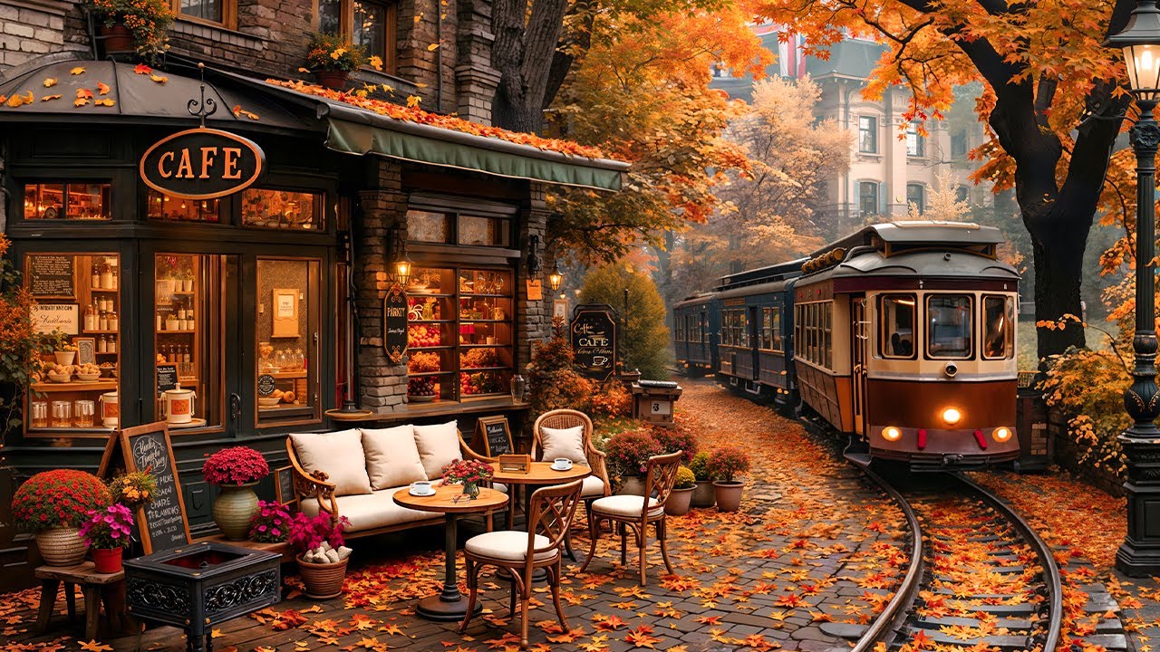 Melodic Autumn Jazz Background Music 🍂 Train Station Coffee Shop Outdoor ~ Gentle Fall Scene Space