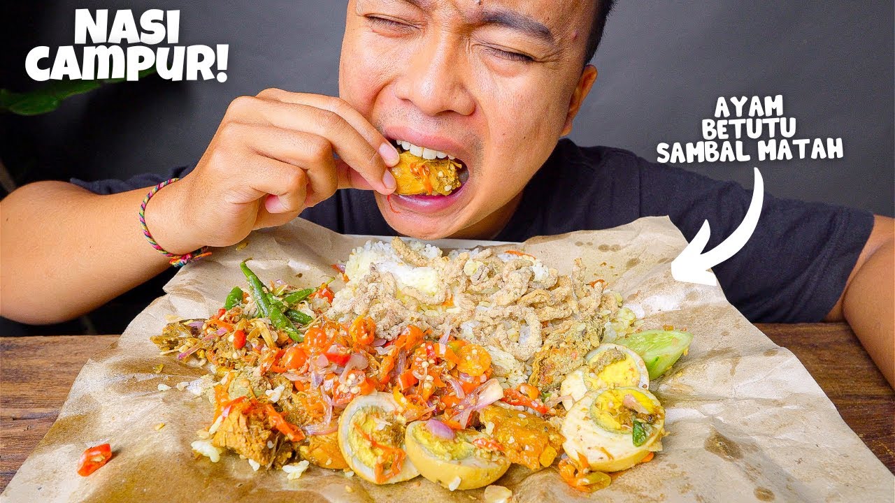MUKBANG NASI CAMPUR AYAM BETUTU EXTRA SAMBAL MATAH + KECOMBRANG!!