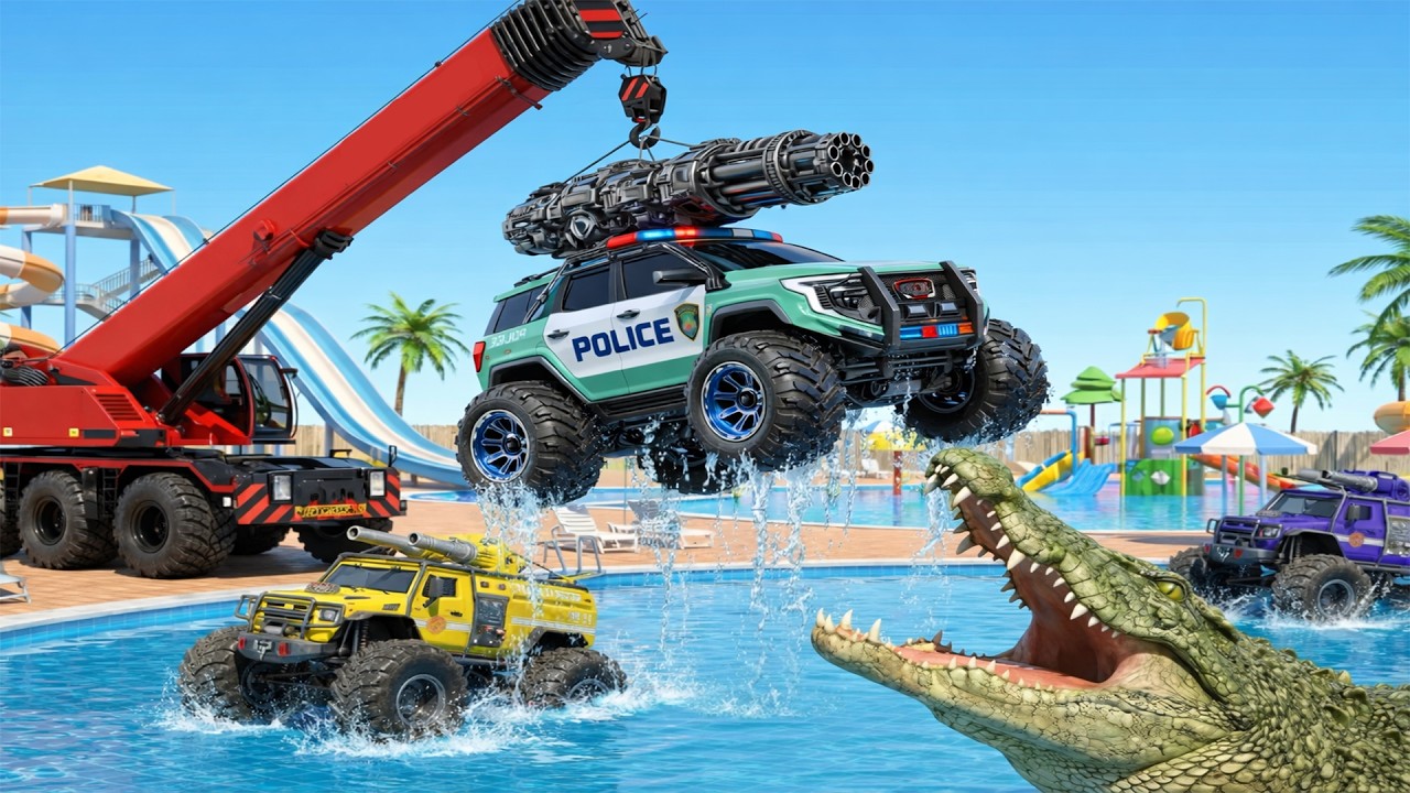 Epic Monster Truck Water Battle 🐊🚒 Crane Lifts Police Truck Away from Giant Crocodile 💥 | Challenge