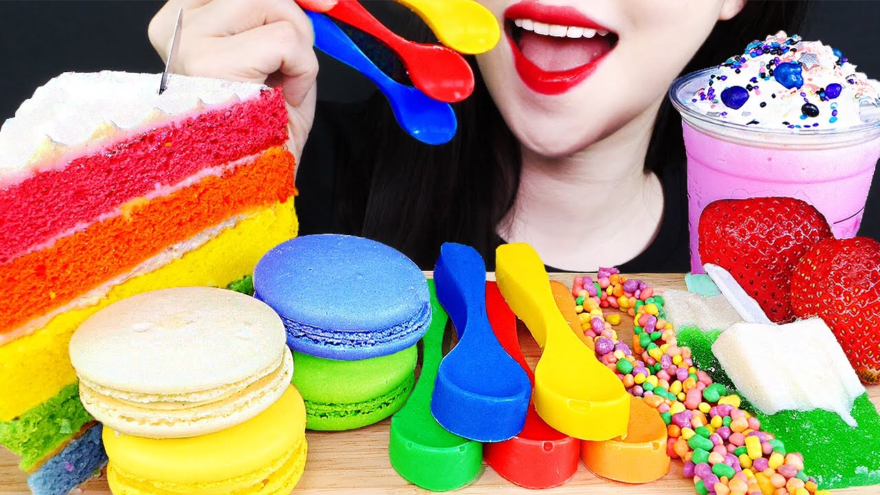 ASMR RAINBOW CAKE EDIBLE SPOON MACARON NERDS ROPE JELLY & NANA EATING SOUND
