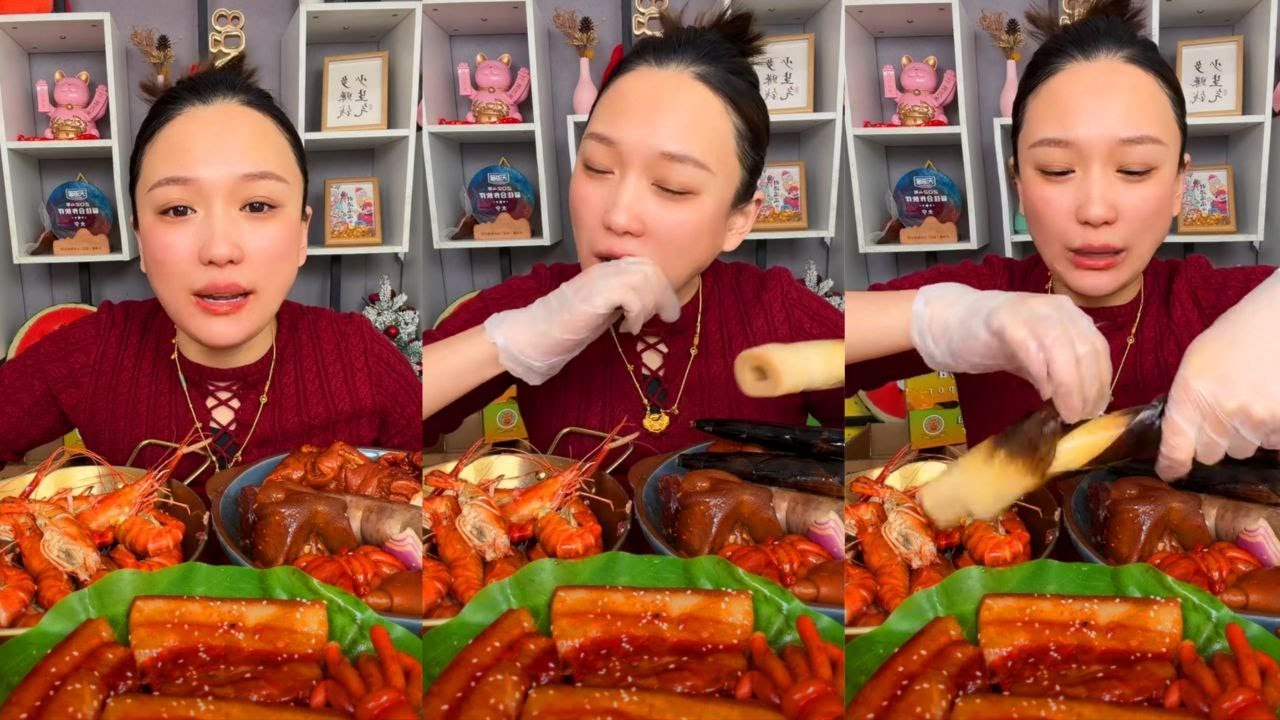 ASMR SPICY CHINESE MUKBANG | Eating Braised Pork Belly, Giant Lobster & Bamboo Shoots EATING SOUNDS