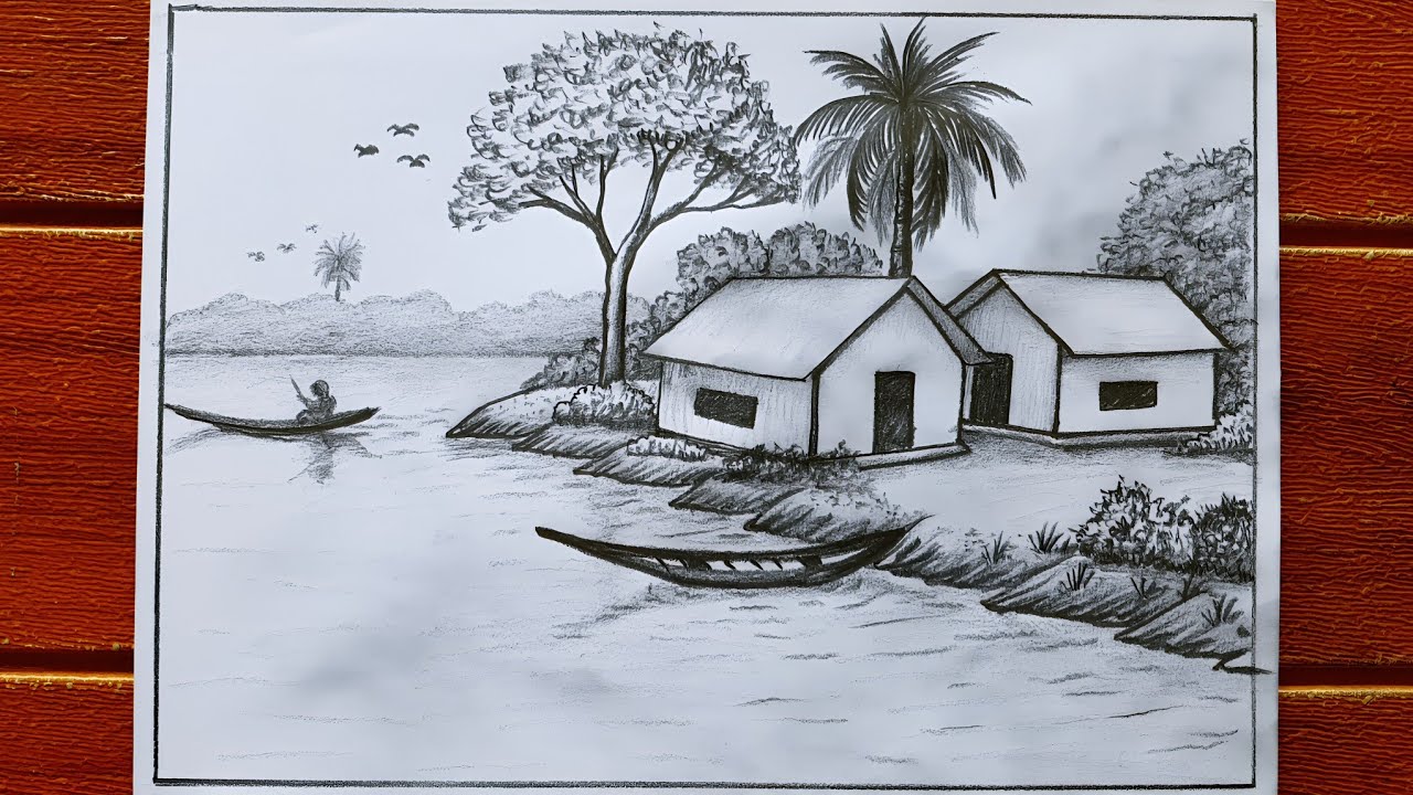 Beautiful scenery drawing | step by step drawing tutorial | সহজে গ্রামের দৃশ্য আঁকা 