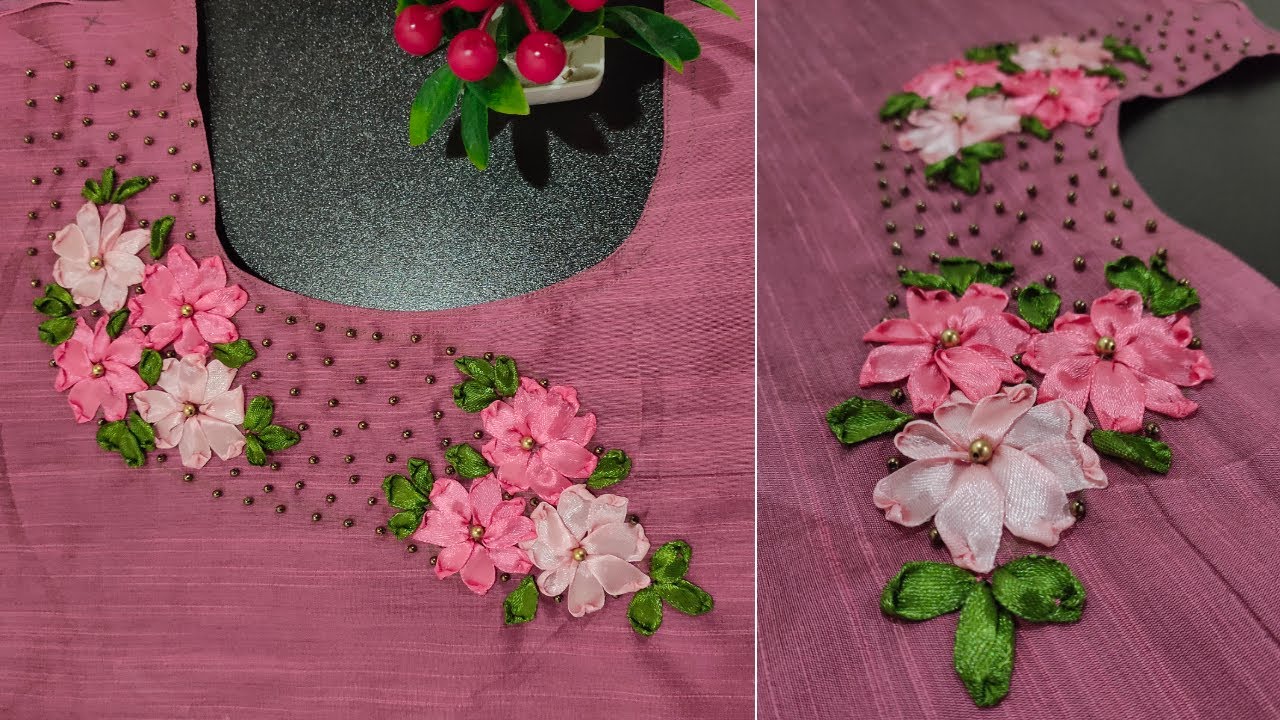 Satin Ribbon Flower Embroidery/Neck Design/Click To Fashion