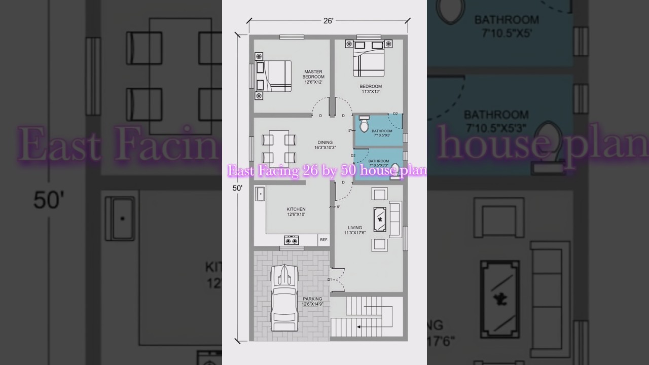 26' x 50' House plan With car parking 2BHK, 26 by 50 Home plan, 26*50 house Design