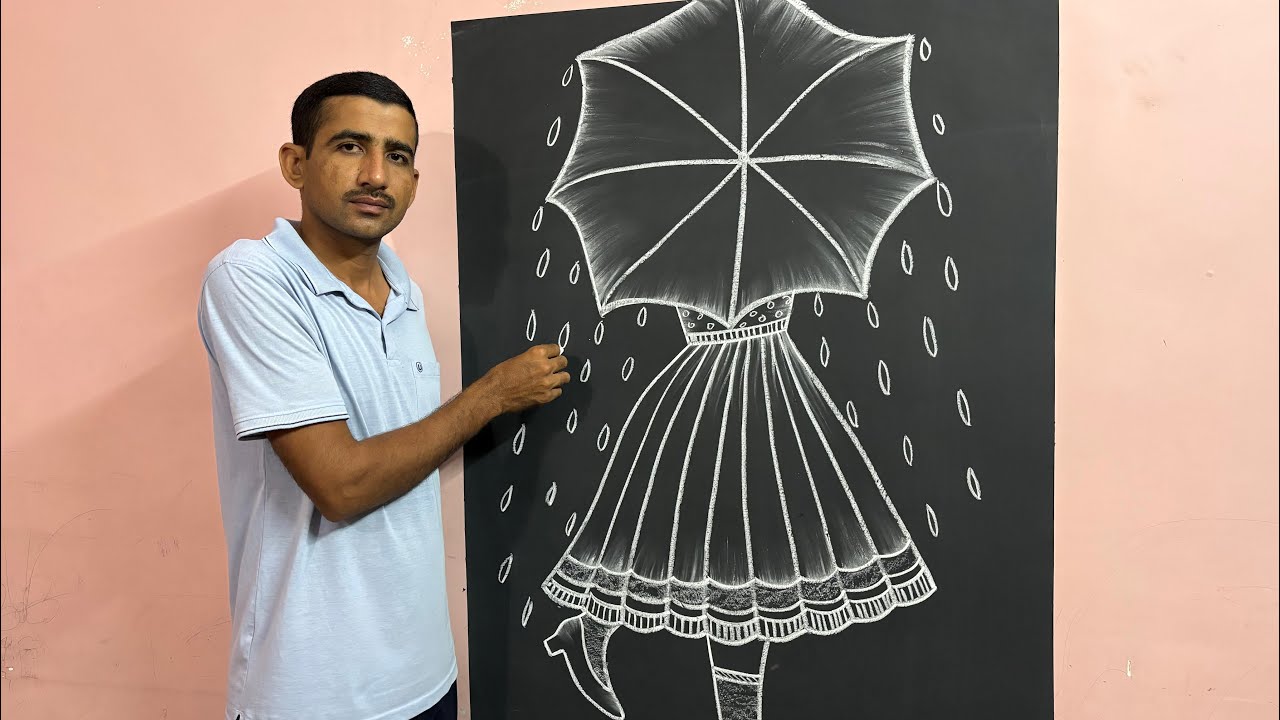 Learn to draw a girl holding an umbrella || ☂️ || 😲 #blackboardart #art #easydrawing 