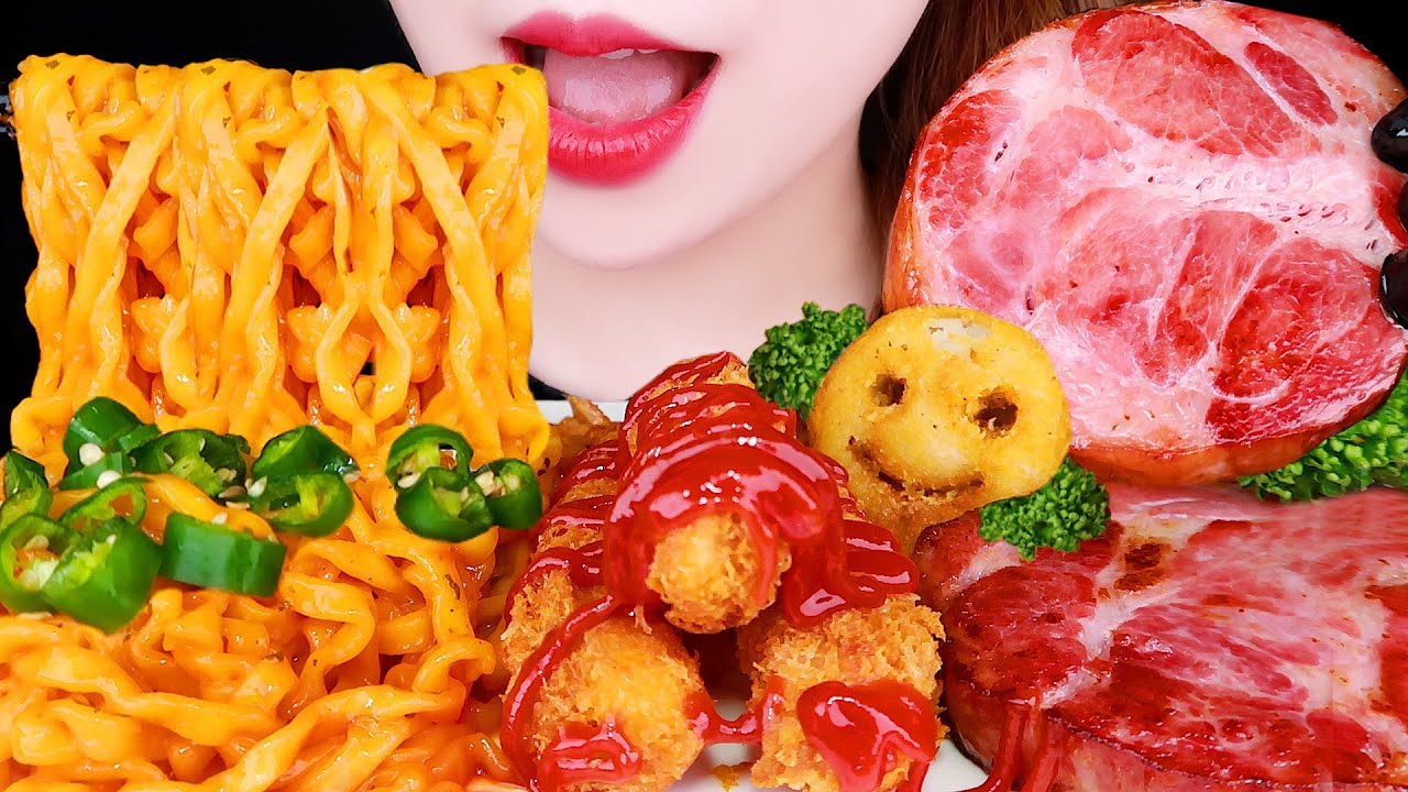 ASMR CARBO FIRE NOODLES, CRISPY FRIED SHRIMP, PORK STEAK 까르보불닭, 튀김, 스테이크 먹방 EATING SOUNDS MUKBANG