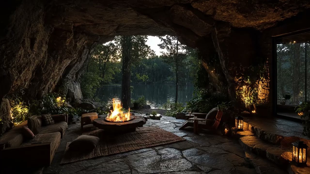 Soothing Rain, Thunderstorm & Fire Crackling Sounds for Sleep - Dark Rain Night | Relaxing Rain Echo