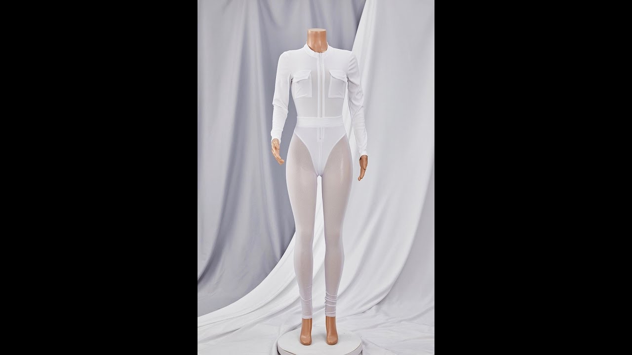 Solid color stitching mesh see through sexy autumn new fashion zip-up two-piece set CA000425